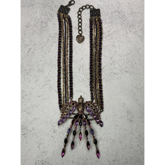 Rare Betsy Johnson Phoenix Rises Statement Necklace Purple Sparrow Bird chain - Picture 2 of 11